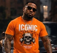 Iconic Orange T-Shirt on Iconic Image campaign model — artwork concept