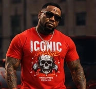 Iconic Red T-Shirt on Iconic Image campaign model — artwork concept