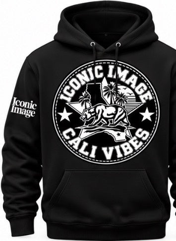ICONIC IMAGE Cali Vibes Black hoodie, updated product mockup showing graphic design