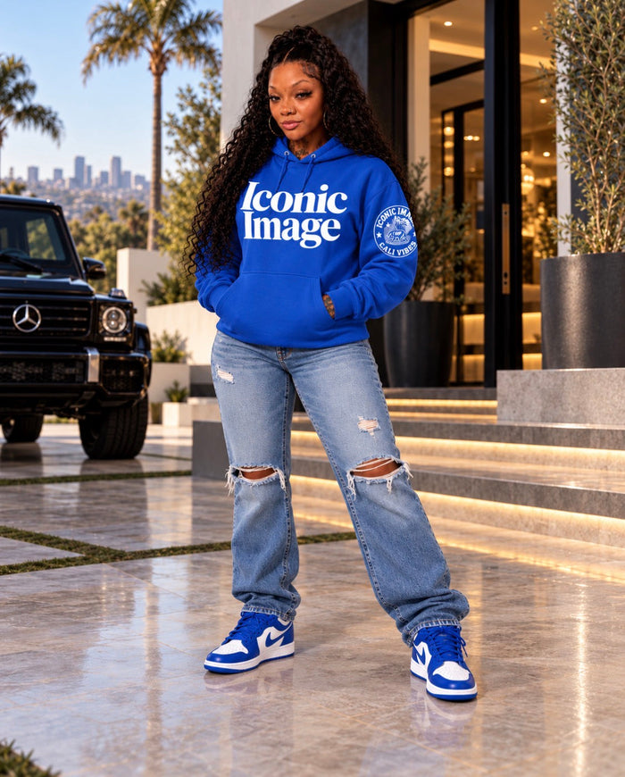 ICONIC IMAGE Cali Vibes Blue hoodie, updated fashion model photo showing graphic design