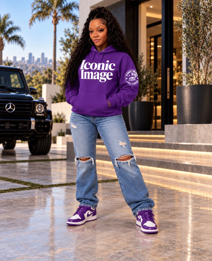 ICONIC IMAGE Cali Vibes Purple hoodie, updated fashion model photo showing graphic design