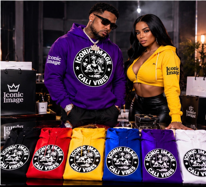 Women's yellow Iconic Image cropped zip-up hoodie, with purple full-length pullover shown separately