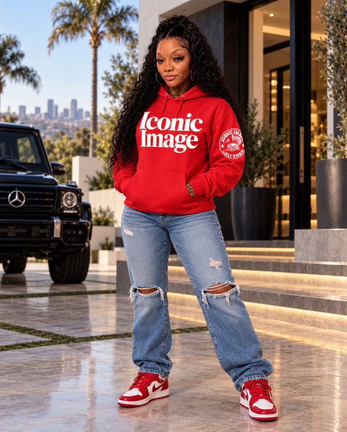 ICONIC IMAGE Cali Vibes Red hoodie, updated fashion model photo showing graphic design