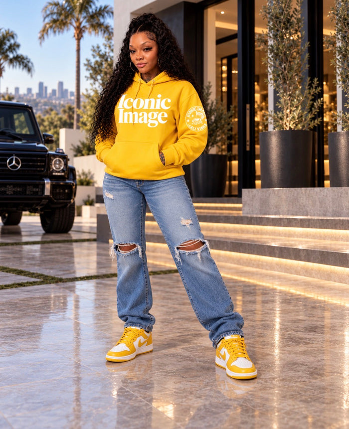 ICONIC IMAGE Cali Vibes Yellow hoodie, updated fashion model photo showing graphic design