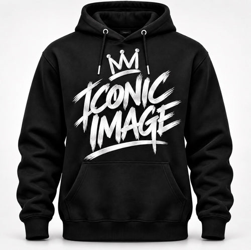 Black ICONIC IMAGE hoodie featuring bold white crowned lettering graphic — product concept photo